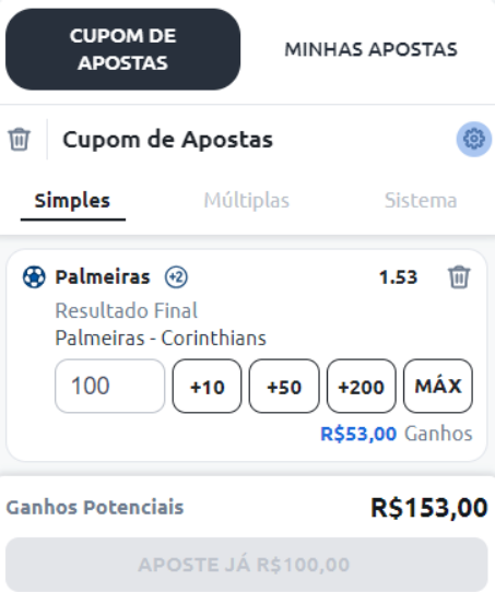 Imagem da tela de aposta simples ao se cadastrar e usar o Código de Indicação Betano