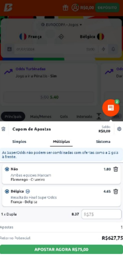 Imagem da tela de aposta múltipla ao se cadastrar e usar o Código de Indicação Betano