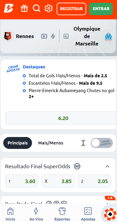 Imagem da tela do recurso criar aposta ao se cadastrar e usar o Código de Indicação Betano