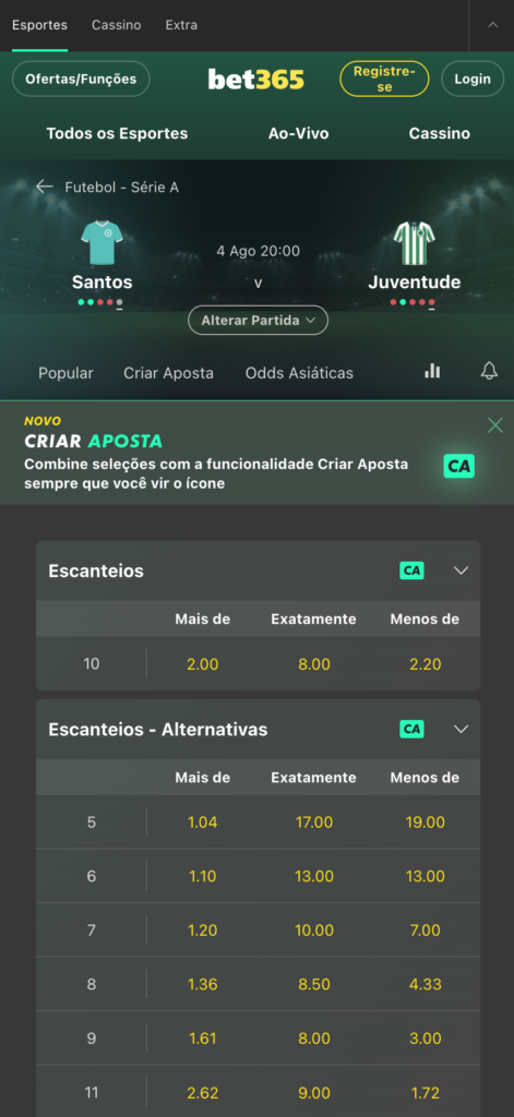 apostas em escanteios bet365