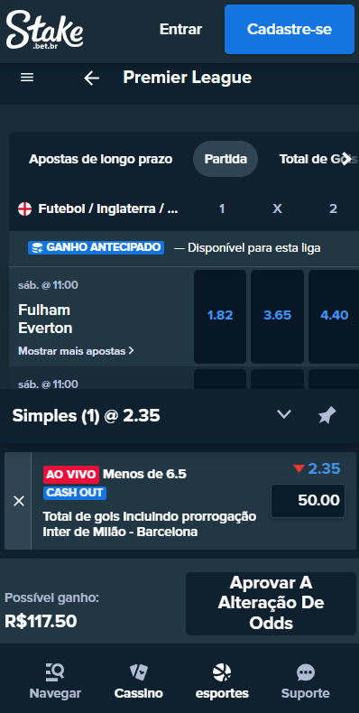 Tela da Stake de apostas ao vivo na Premier League, acessado por quem se cadastrou e ativou o c&oacute;digo Stake