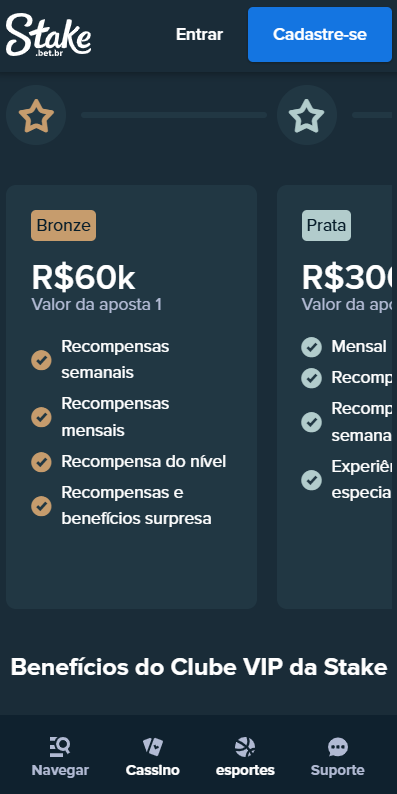 Tela do Clube VIP Stake, dispon&iacute;vel para quem se cadastrou e ativou o c&oacute;digo Stake