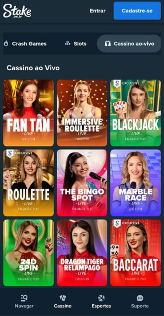 Imagem do cassino Stake com jogos do cassino ao vivo dispon&iacute;veis para apostar.