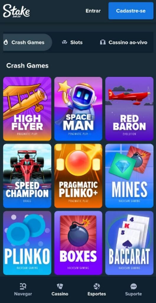 Imagem do cassino Stake com crash games dispon&iacute;veis para apostar.