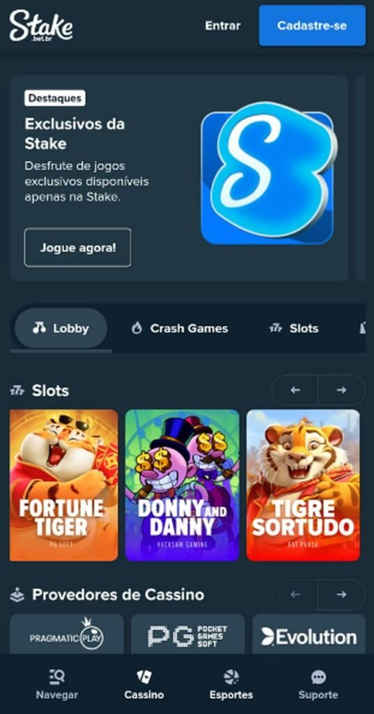 Imagem do cassino Stake com jogos de slots dispon&iacute;veis para apostar.