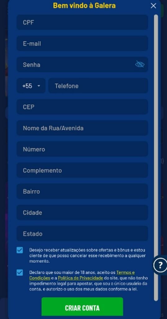 tela de registro galera bet