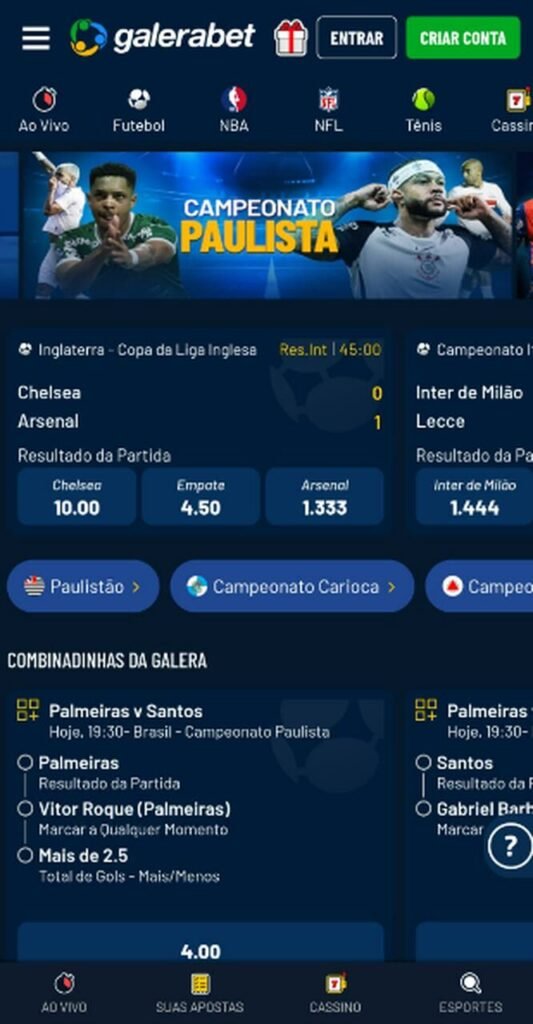 Interface da Galera Bet com mercados esportivos para apostar com c&oacute;digo promocional Galera Bet