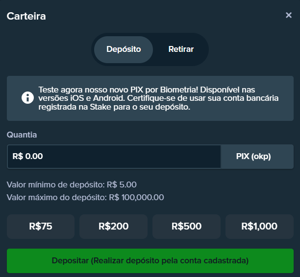 Imagem da tela de depósito Pix na Stake