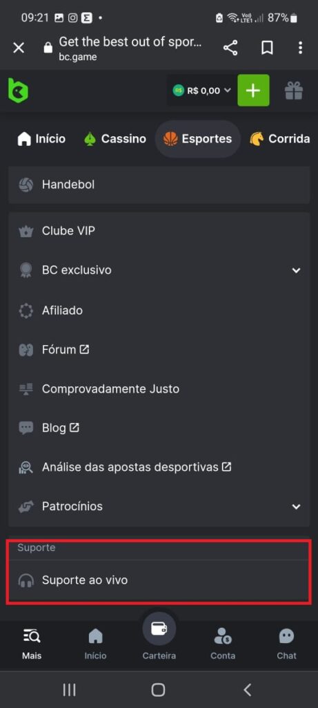 como acessar o suporte no bc game app