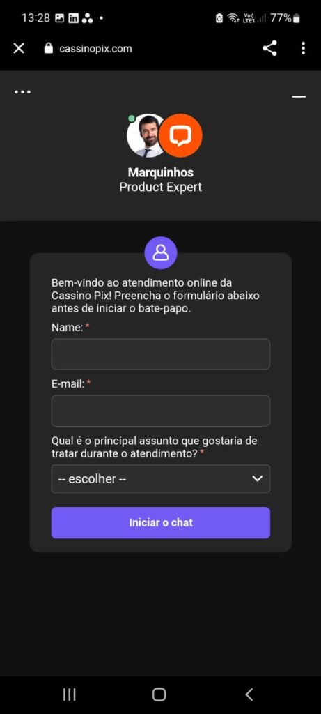 chat ao vivo dentro do cassinopix app