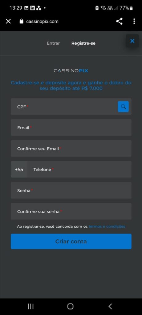 passo a passo de como se cadastrar no app cassinopix