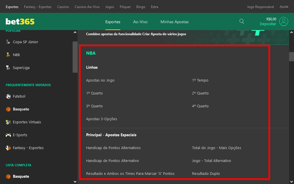 como apostar em basquete na bet365