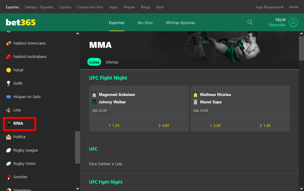 como apostar em ufc na bet365