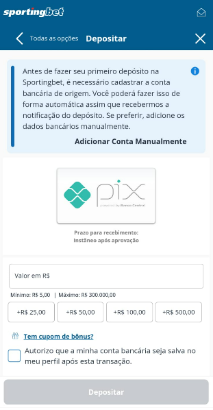 Imagem da tela para depositar com ou sem o código promocional Sportingbet