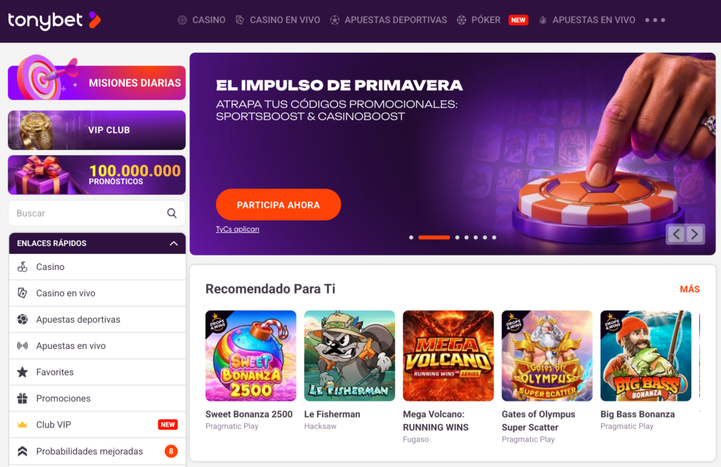 screenshot sitio TonyBet Chile