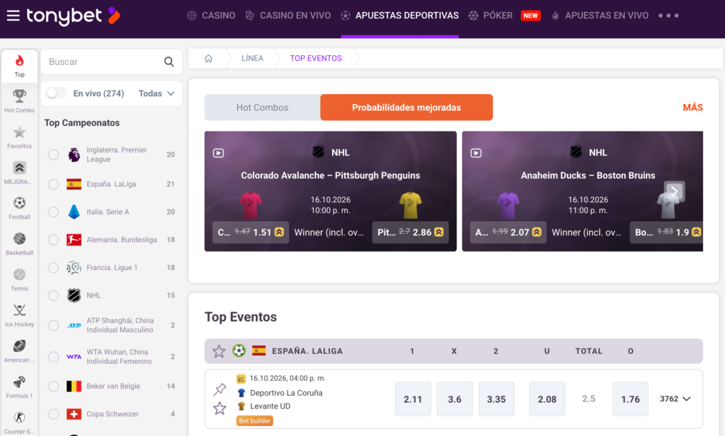 Screenshot seccion deporte TonyBet Chile