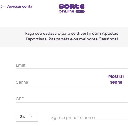 print da tela de cadastro sorte online pelo celular