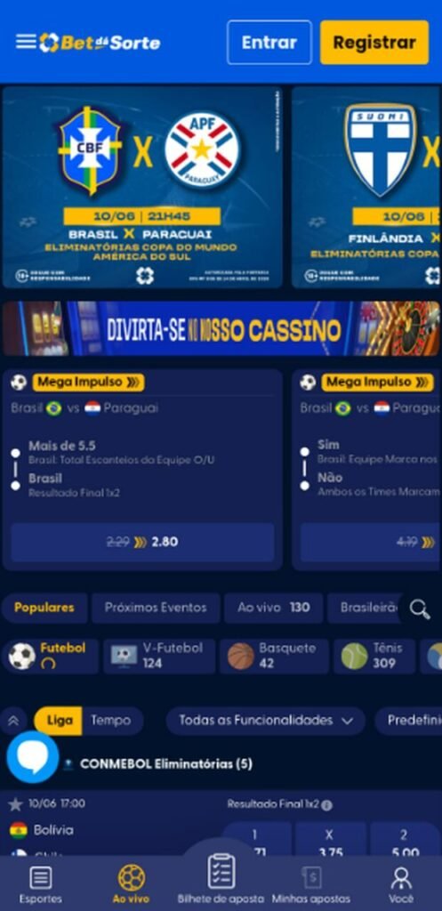 Imagem da tela inicial da Bet d&aacute; Sorte, uma das casas de apostas que aceitam Pix