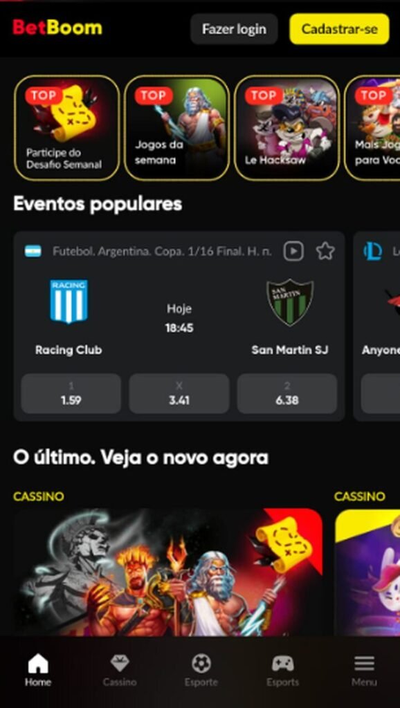 Imagem da tela inicial da Betboom, uma das casas de apostas que aceitam Pix