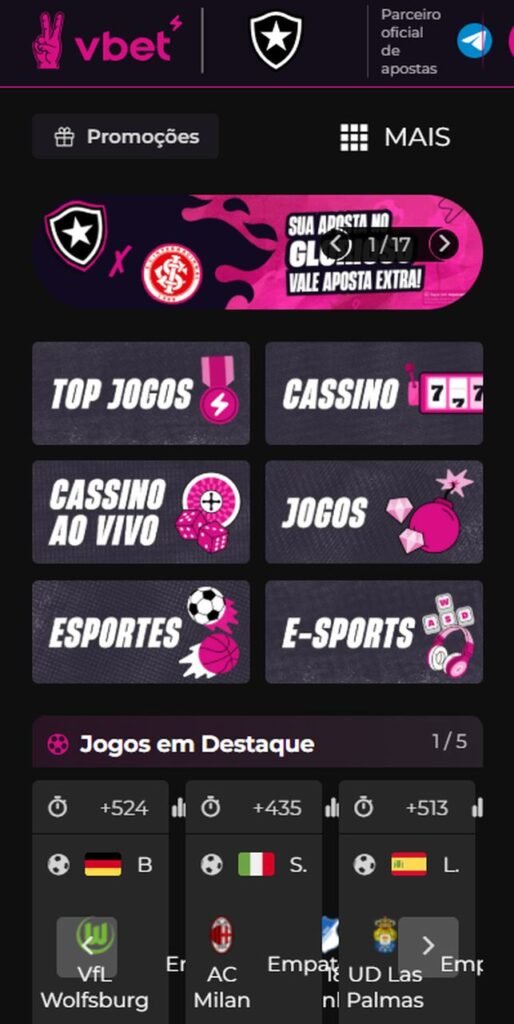 Imagem da tela inicial da VBet, uma das casas de apostas que aceitam Pix