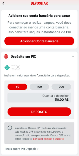 Imagem para depositar na Superbet, uma das casas de apostas que aceitam Pix