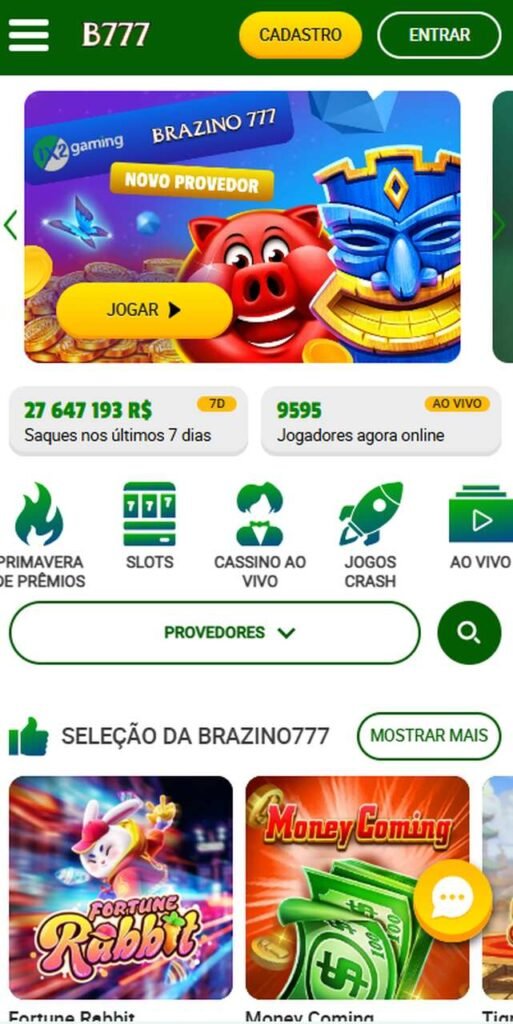 Imagem da tela inicial da Brazino777, uma das casas de apostas que aceitam Pix