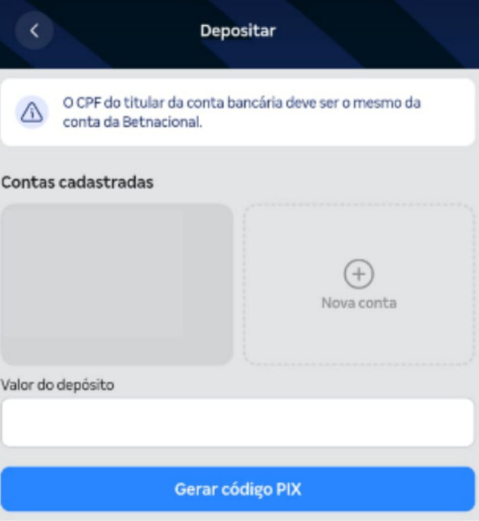 Imagem da tela de dep&oacute;sito para quem se cadastra e usa o c&oacute;digo de afiliado Betnacional