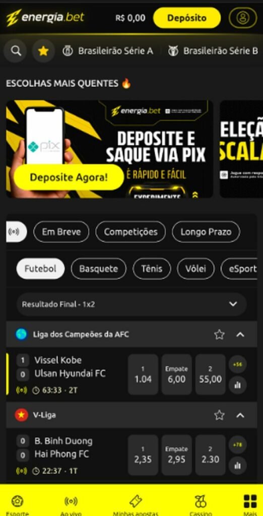 Imagem da tela inicial da Energia Bet, uma das casas de apostas que aceitam Pix