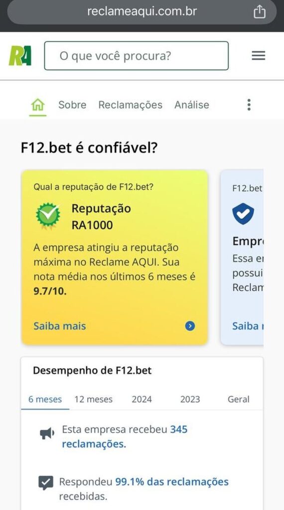 Nota da F12 Bet no reclame aqui