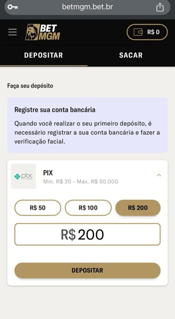 página de depósito da BetMGM pelo celular