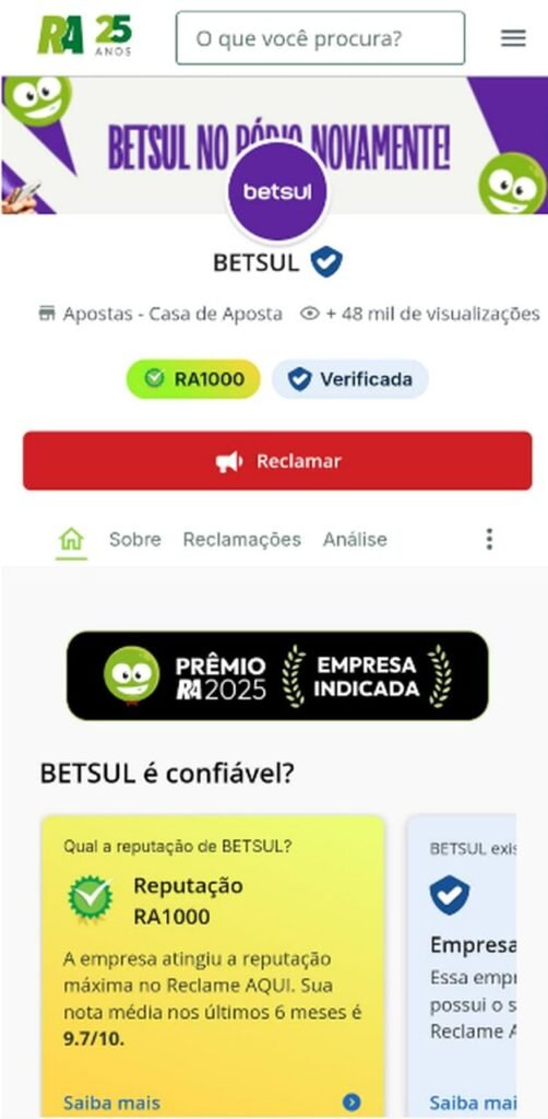 Imagem da tela da Betsul no Reclame Aqui mostrando que &eacute; confi&aacute;vel
