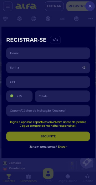 Tela de cadastro para mostrar no artigo que a Alfabet é confiável os passos a seguir.