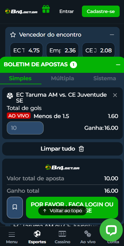 Imagem da tela para apostar com ou sem o c&oacute;digo promocional Br4bet