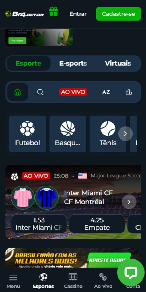 Imagem da tela para apostar pelo celular com ou sem o c&oacute;digo promocional Br4bet