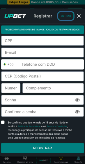 Imagem da tela para se cadastrar sem o c&oacute;digo promocional Upbet