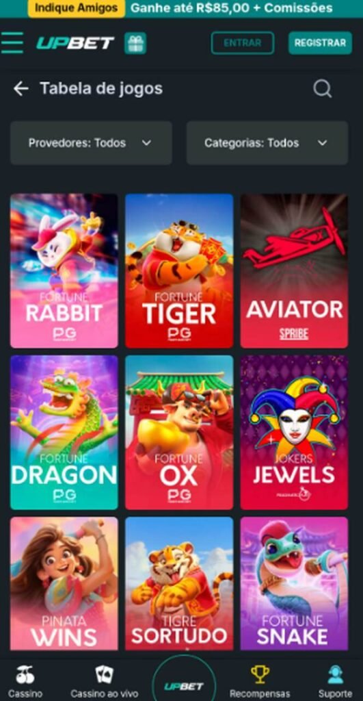 Imagem da tela de cassino para apostar com ou sem o c&oacute;digo promocional Upbet
