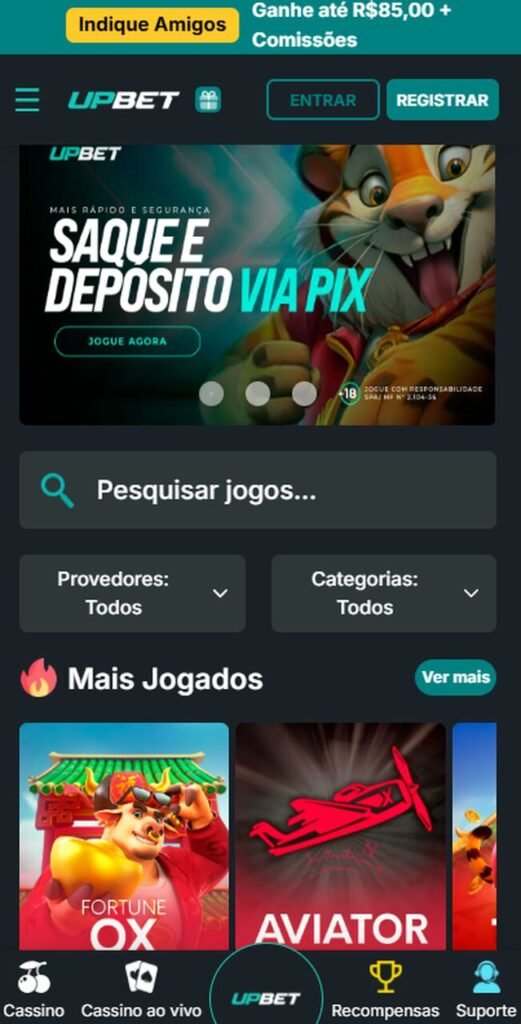 Imagem da tela inicial para apostar com ou sem o c&oacute;digo promocional Upbet