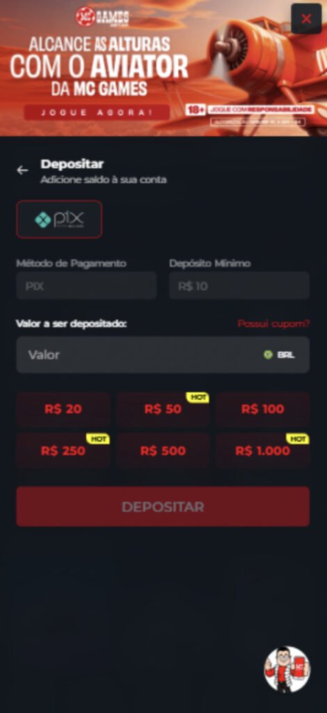 depósito com pix código mc games 