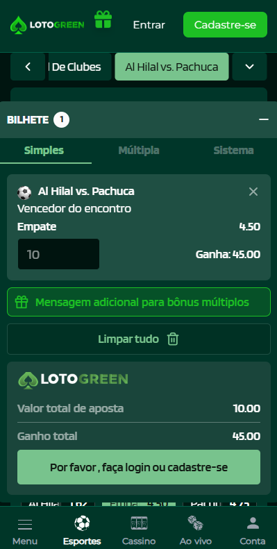 Imagem da tela para apostar com ou sem o código promocional Lotogreen