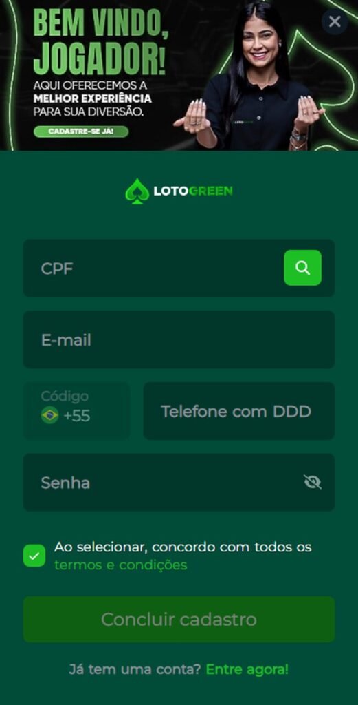 Imagem da tela para se cadastrar sem o código promocional Lotogreen