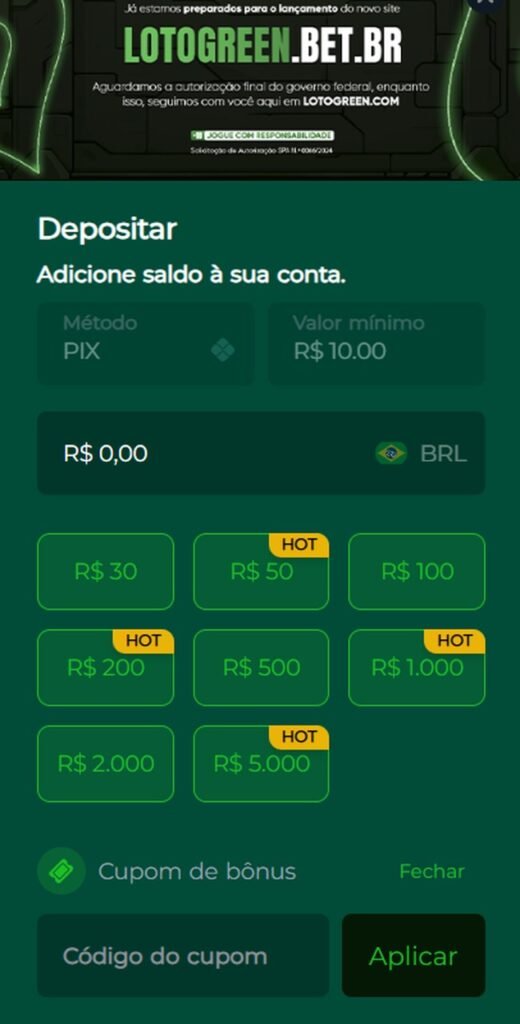 Imagem da tela para depositar com a opção de colocar ou não o código bônus Lotogreen