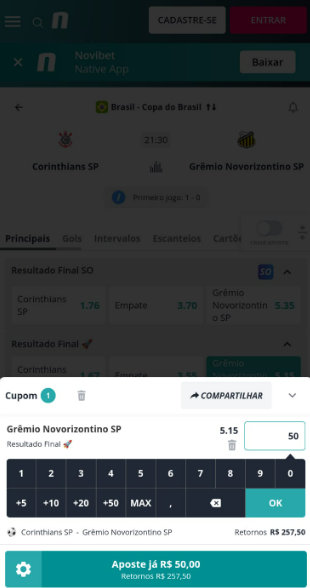 Imagem da tela de apostas usando o c&oacute;digo promocional Novibet.
