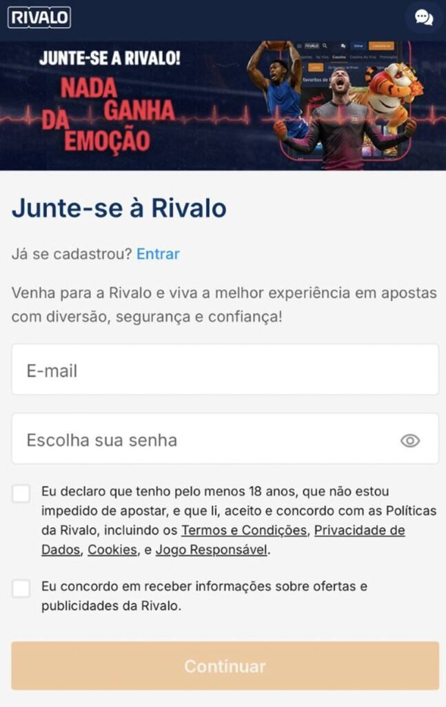 cadastro na rivalo sem código promocional