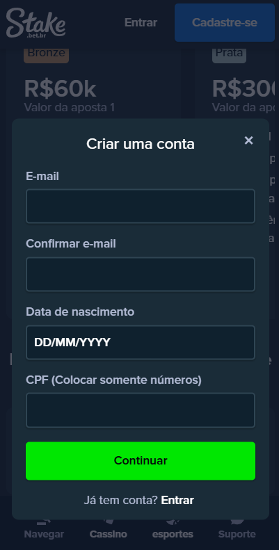 Imagem da tela de cadastro no app Stake