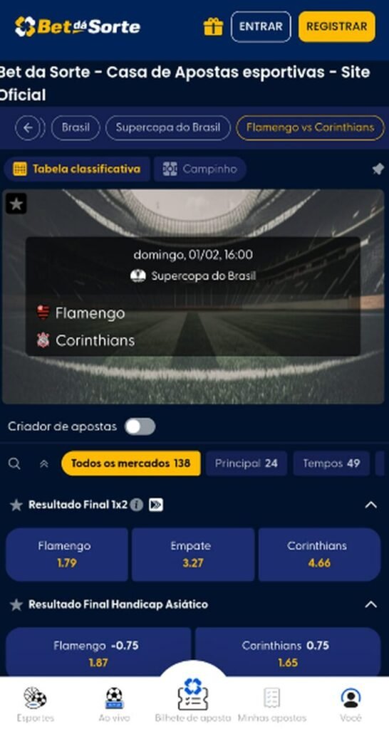 Imagem da tela de apostas na Supercopa Brasil na Bet dá Sorte.