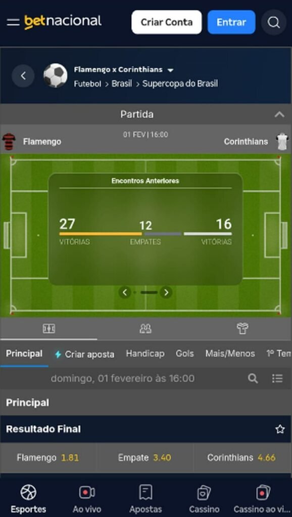 Imagem da tela de apostas na Supercopa Brasil na Betnacional