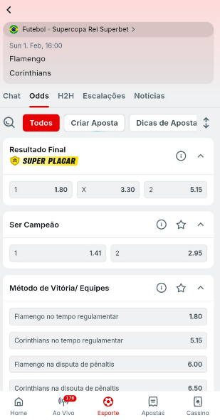 Imagem da tela de apostas na Supercopa Brasil na Superbet.