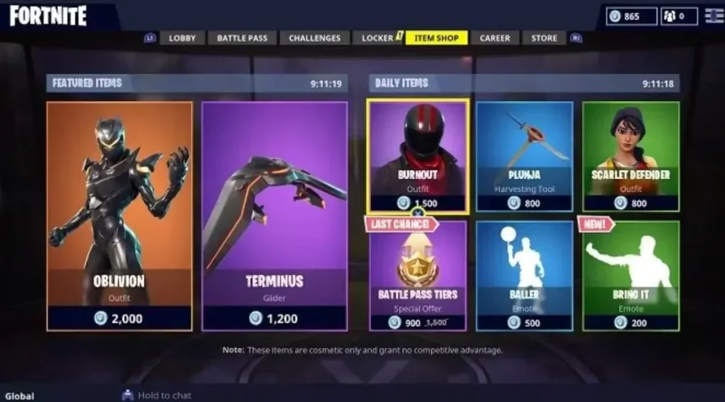 Loja de itens do Fortnite.