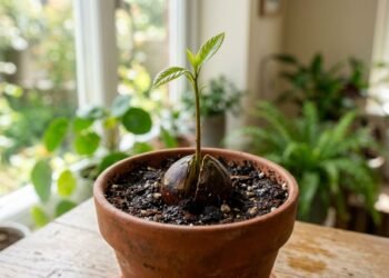 O caroço de abacate pode germinar em substrato úmido e bem drenado, formando primeiro raízes e depois um broto que dará origem à muda