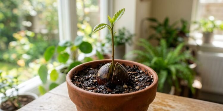 O caroço de abacate pode germinar em substrato úmido e bem drenado, formando primeiro raízes e depois um broto que dará origem à muda